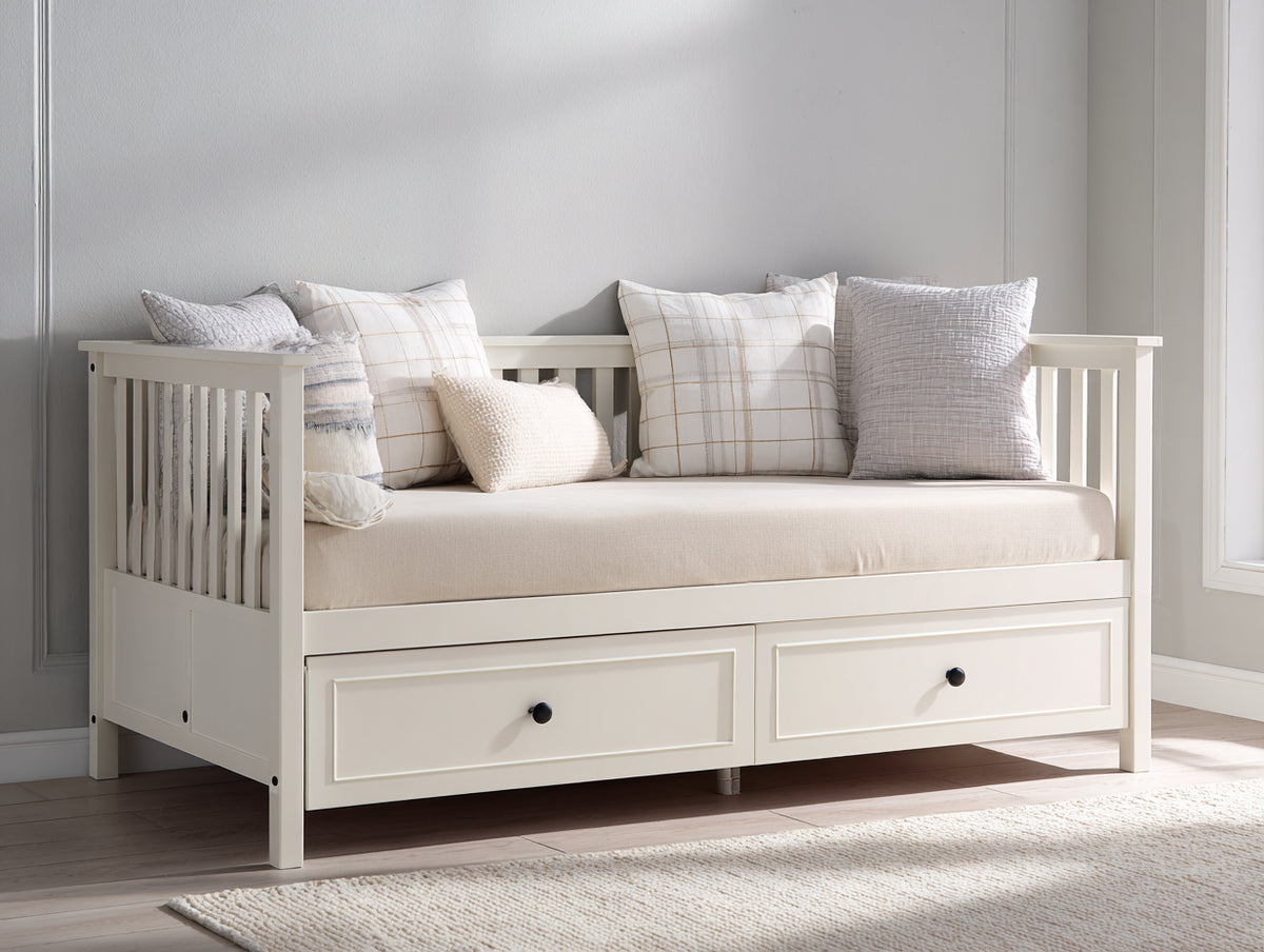 Divano letto - Legno - 204x97x92 cm - Bianco - Stile classico a listelli con cassetti contenitore