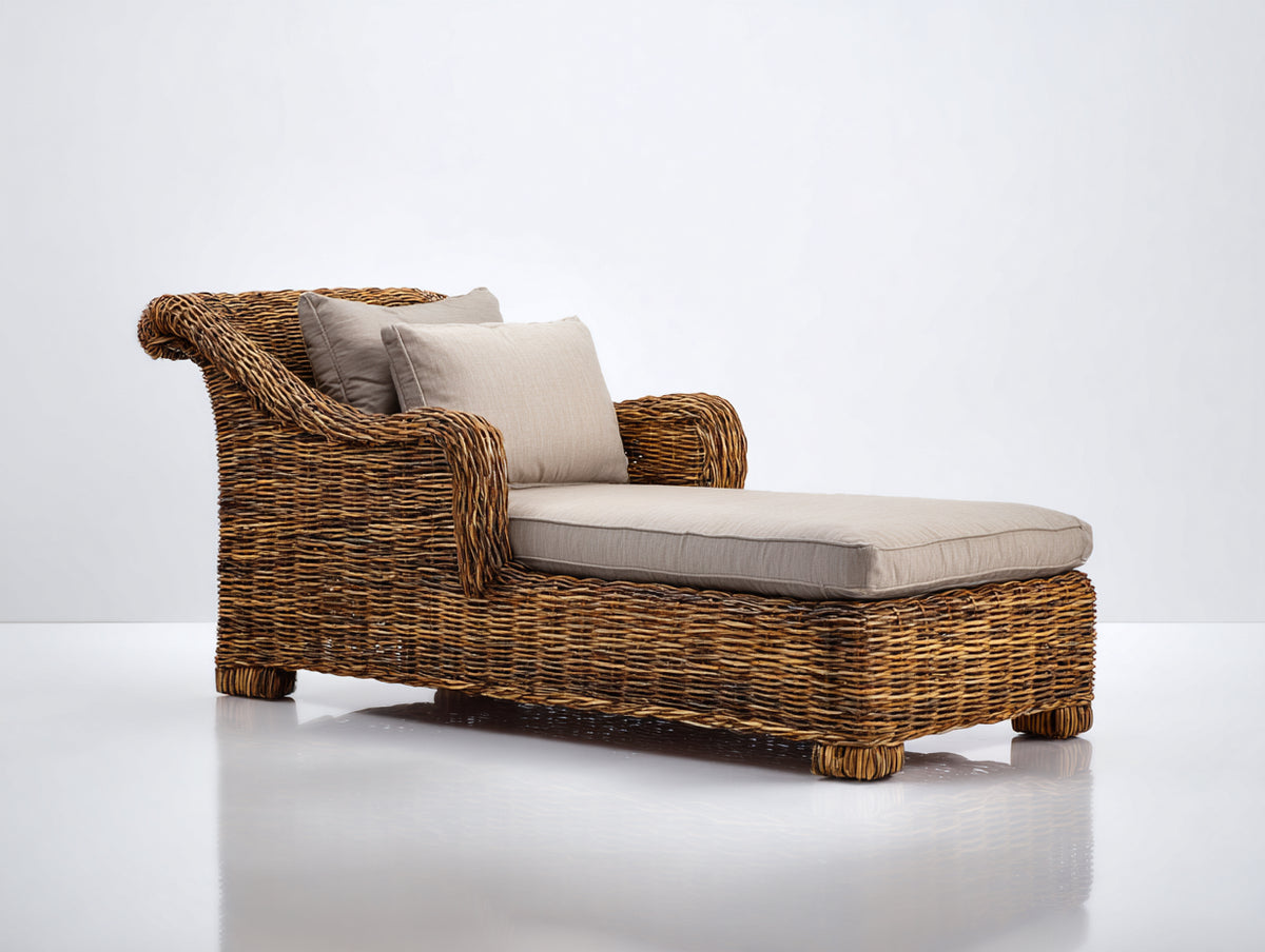 Lettino prendisole - Rattan-Tessuto - 196x83x81 cm - Marrone-Grigio beige - Stile rustico