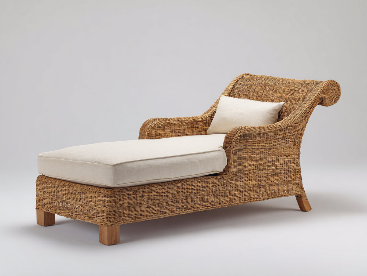 Lettino prendisole - Rattan-Tessuto - 193x85x90 cm - Marrone miele-Beige - Stile classico