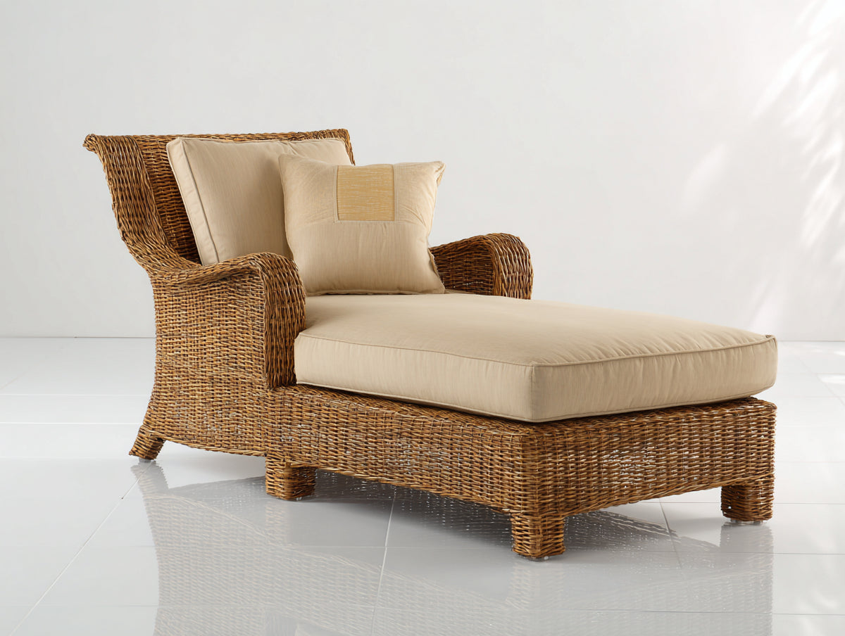 Lettino prendisole - Rattan-Tessuto - 194x86x89 cm - Marrone miele-Beige - Stile naturale