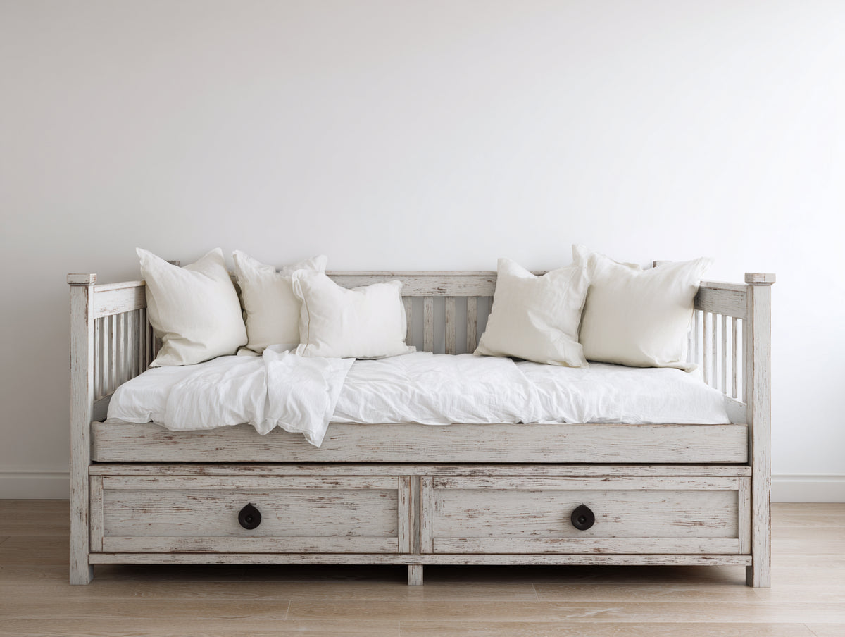 Divano letto - Legno - 205x98x90 cm - Bianco decapato - Stile rustico