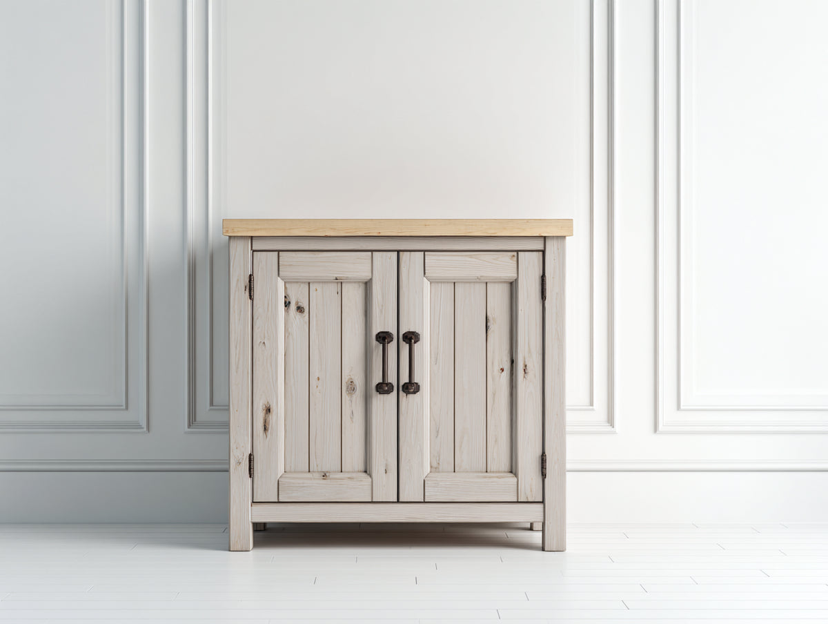 Credenza - Legno - 82x39x84 cm - Bianco decapato-Legno naturale - Stile country rustico